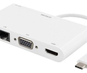 DELTACO USB-C Multiadapter - HDMI/VGA och nätverk, vit